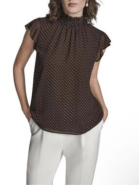 BCBG Polka Dot Smocked Neck Top - Brown